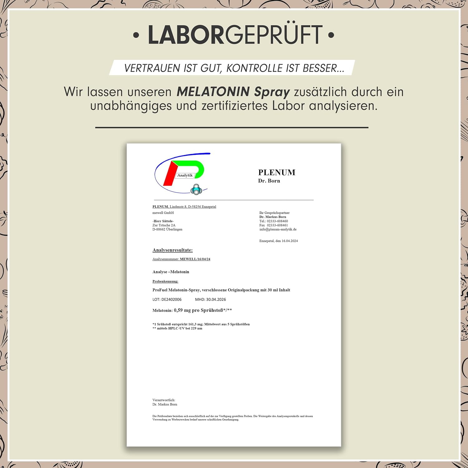 Melatonin Einschlaf-Spray 60 ml - 0,5 mg Melatonin hochdosiert + Lavendel-Extrakt & Vitamin B6 - Melatonin-Spray mit Kirsch-Geschmack (vegan) - laborgeprüft mit Zertifikat - reicht für 360 Anwendungen – Bild 5