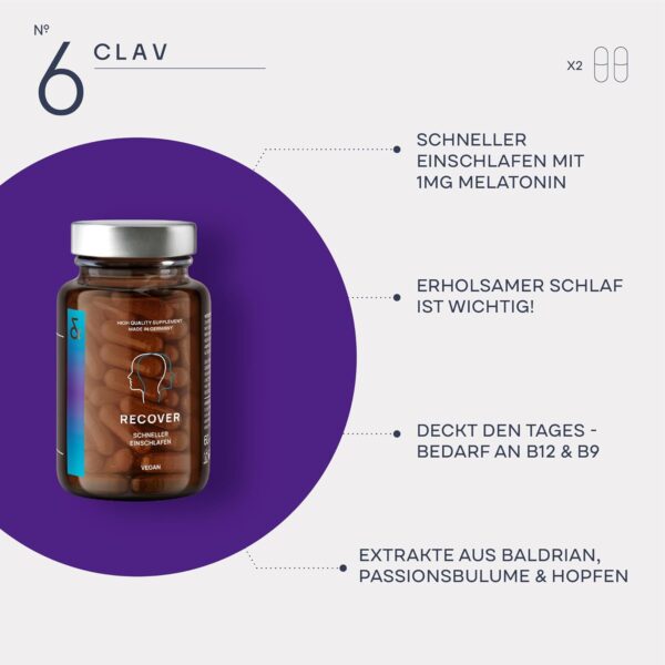 N°6 RECOVER Schlafmittel pflanzlich - Melatonin hochdosiert mit L-Tryptophan, Baldrian, Passionsblume, Hopfen, Melissenextrakt - Einschlafhilfe Erwachsene - 60 Melatonin Kapseln – Bild 3