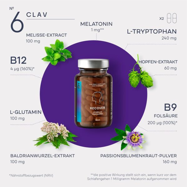 N°6 RECOVER Schlafmittel pflanzlich - Melatonin hochdosiert mit L-Tryptophan, Baldrian, Passionsblume, Hopfen, Melissenextrakt - Einschlafhilfe Erwachsene - 60 Melatonin Kapseln – Bild 4