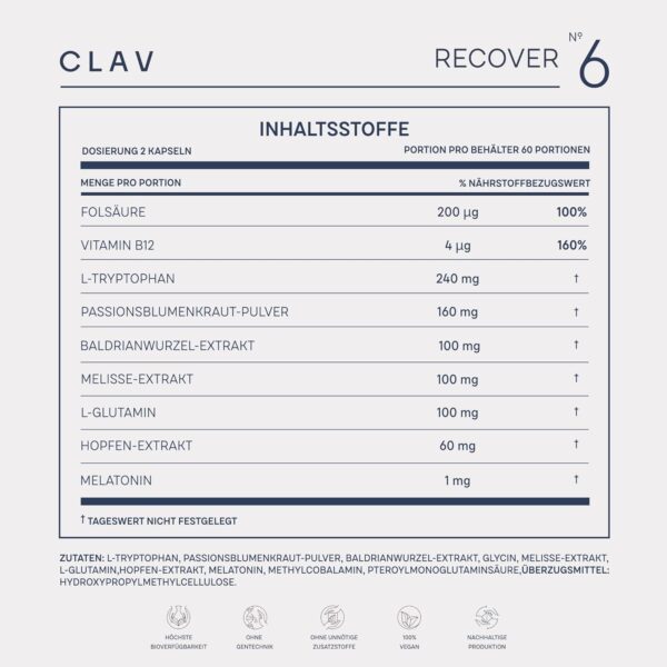 N°6 RECOVER Schlafmittel pflanzlich - Melatonin hochdosiert mit L-Tryptophan, Baldrian, Passionsblume, Hopfen, Melissenextrakt - Einschlafhilfe Erwachsene - 60 Melatonin Kapseln – Bild 8