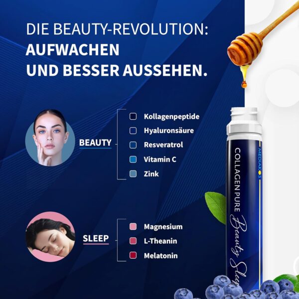 Spar-Set Collagen 8000mg + Melatonin - Hochdosiert Kollagen Trinkampullen - Magnesium Vitamin C Zink Hyaluronsäure Theanin Resveratrol - 28 Trinkampullen 1 Monat Vorrat - Blaubeergeschmack - MEDIAKOS – Bild 3