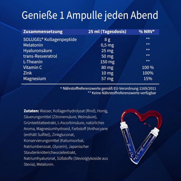 Spar-Set Collagen 8000mg + Melatonin - Hochdosiert Kollagen Trinkampullen - Magnesium Vitamin C Zink Hyaluronsäure Theanin Resveratrol - 28 Trinkampullen 1 Monat Vorrat - Blaubeergeschmack - MEDIAKOS – Bild 5
