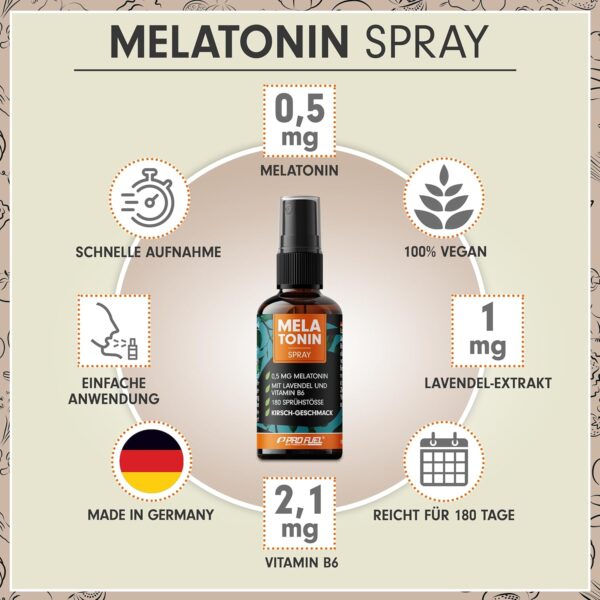 Melatonin Einschlaf-Spray 90 ml - 0,5 mg Melatonin hochdosiert + Lavendel-Extrakt & Vitamin B6 - Melatonin-Spray mit Kirsch-Geschmack (vegan) - laborgeprüft mit Zertifikat - reicht für 540 Anwendungen – Bild 2