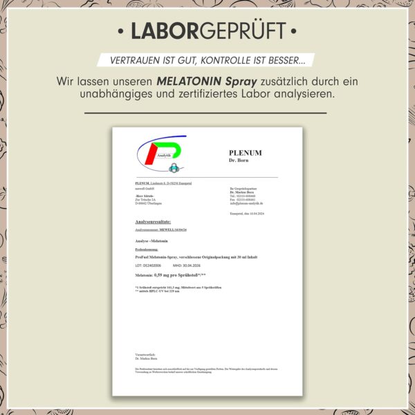 Melatonin Einschlaf-Spray 90 ml - 0,5 mg Melatonin hochdosiert + Lavendel-Extrakt & Vitamin B6 - Melatonin-Spray mit Kirsch-Geschmack (vegan) - laborgeprüft mit Zertifikat - reicht für 540 Anwendungen – Bild 5