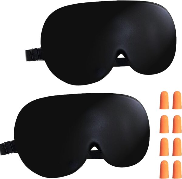 Schlafmaske Seide Augenmaske, 2 Pack 100% Hautfreundlich Seide Schlafmaske Frauen und Herren mit Verstellbarem Gummiband und Ohrstöpseln, Nachtmaske Ideal für Schlaf zu Hause und Auf Reisen