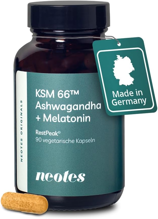 neotes RestPeak - Ashwagandha + Melatonin 90 Kapseln Hochdosiert 400mg KSM-66™ | Mit Baldrian, GABA & Vitamin B6 | Stressabbau, Schlafverbesserung & Entspannung | Bioverfügbar & Ohne Zusätze