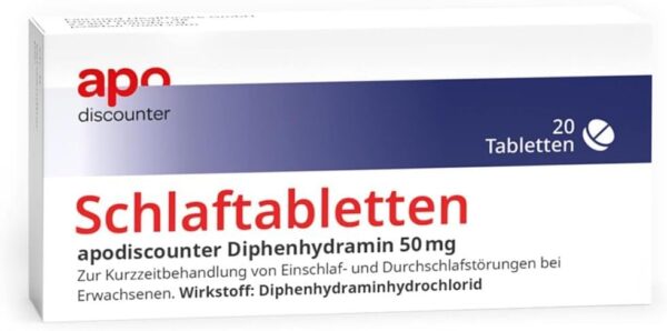 apodiscounter Schlaftabletten Diphenhydramin 50 mg - Effektive Hilfe zum Einschlafen und bei Durchschlafstörungen - 20 Stück