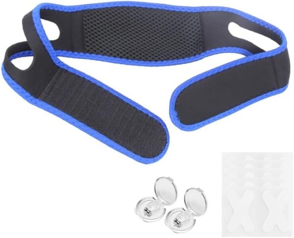 AYNKH Anti Schnarchen Kinnriemen, Antischnarch Band, Schnarchstopper Anti Schnarchen Verbessern Sie Ihren Schlaf (Mit 2 Pcs Anti Schnarch Nasenclip & 10 Pcs Anti-Schnarch-Pflaster)