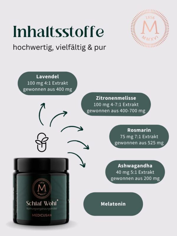 Medicusan Schlaf Wohl – 400mg Lavendel – 700mg Zitronenmelisse – 525mg Rosmarin – 200mg Ashwagandha / Schlafbeere– Melatonin – 1 Kapsel/Tag – 30 Kapseln/30 Tage – Bild 5