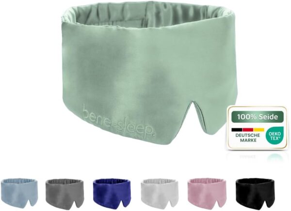 bene-sleep. Handgefertigte Schlafmaske aus reiner Seide mit Seidenfüllung – verstellbare Seidenschlafmaske Männer & Frauen – hypoallergen – atmungsaktive Maulbeerseide – Polyesterfrei (Grün)