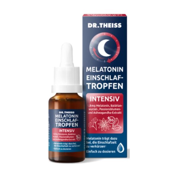 Dr. Theiss Melatonin Einschlaf-Tropfen Intensiv – für schnelleres Einschlafen | 20ml | Hilfe bei Ein- und Durchschlafproblemen | Mit Melatonin, Passionsblume, Ashwaganda & Baldrianwurzel-Extrakt