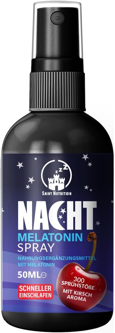 NEU: Saint Nutrition® Melatonin Spray mit 0,5 mg pro Sprühstoß - Einschlafhilfe hochdosiert für Frauen und Männer, Schlafspray mit Kirschgeschmack für die Nacht - ohne Alkohol, 50ml
