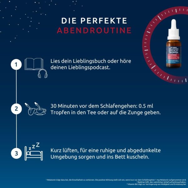 Dr. Theiss Melatonin Einschlaf-Tropfen Intensiv – für schnelleres Einschlafen | 20ml | Hilfe bei Ein- und Durchschlafproblemen | Mit Melatonin, Passionsblume, Ashwaganda & Baldrianwurzel-Extrakt – Bild 7