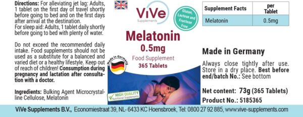 Melatonin - 365 Tabletten - 0,5mg Melatonin pro Tablette - Hochdosiert - Bioverfügbar - Qualität aus Deutschland - ViVe Supplements – Bild 3