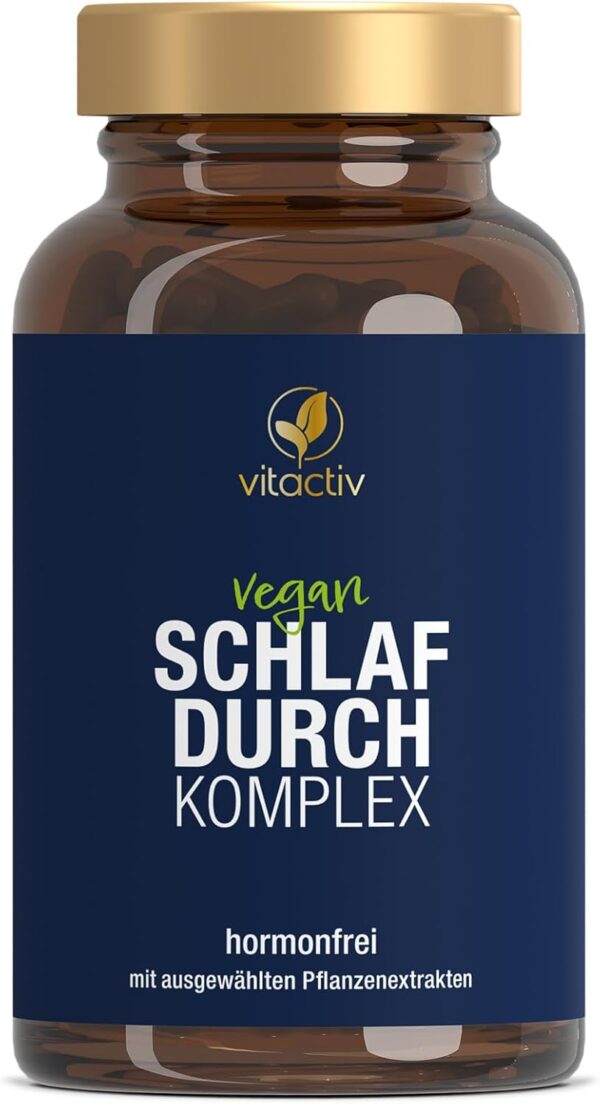 VITACTIV Schlafdurch Komplex - natürliche Durchschlafhilfe-Kapseln für Menschen, die Probleme beim Durchschlafen haben, 100% pflanzliche Inhaltsstoffe mit Hopfenblüte und Melisse