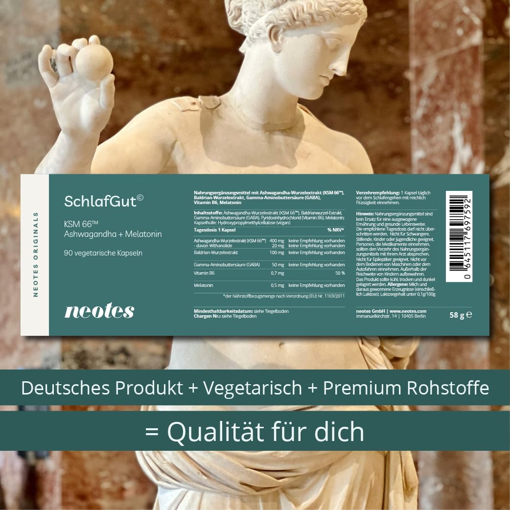 neotes SchlafGut - Ashwagandha + Melatonin 270 Kapseln Hochdosiert 400mg KSM-66™ | Mit Baldrian, GABA & Vitamin B6 | Stressabbau, Schlafverbesserung & Entspannung | Bioverfügbar & Ohne Zusätze – Bild 8