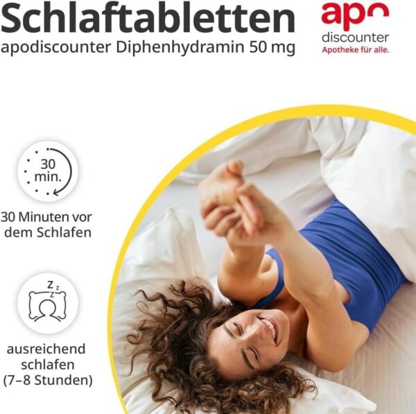 apodiscounter Schlaftabletten Diphenhydramin 50 mg - Effektive Hilfe zum Einschlafen und bei Durchschlafstörungen - 20 Stück – Bild 3