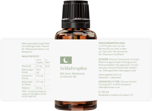 Schlaftropfen mit Melatonin und Hanfsamenextrakt | 100% natürliche Tropfen in Apothekenqualität | Verkürzung der Einschlafzeit | Jetlag Linderung | 30ml – Bild 8