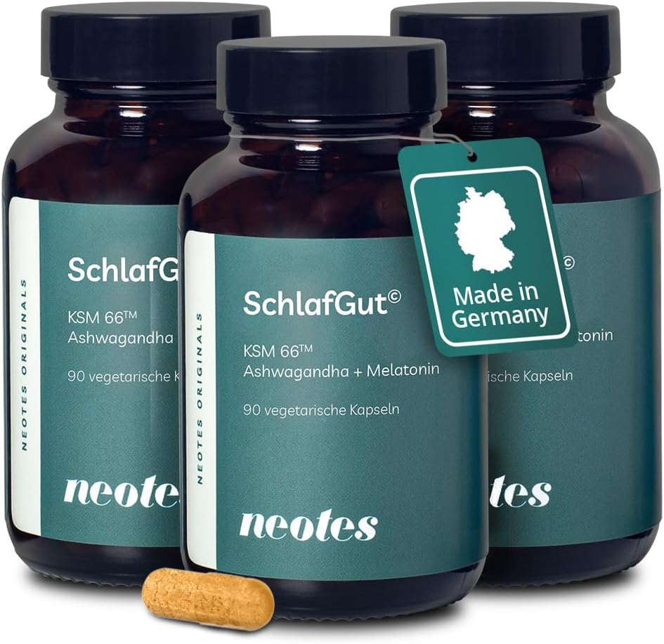 neotes SchlafGut - Ashwagandha + Melatonin 270 Kapseln Hochdosiert 400mg KSM-66™ | Mit Baldrian, GABA & Vitamin B6 | Stressabbau, Schlafverbesserung & Entspannung | Bioverfügbar & Ohne Zusätze