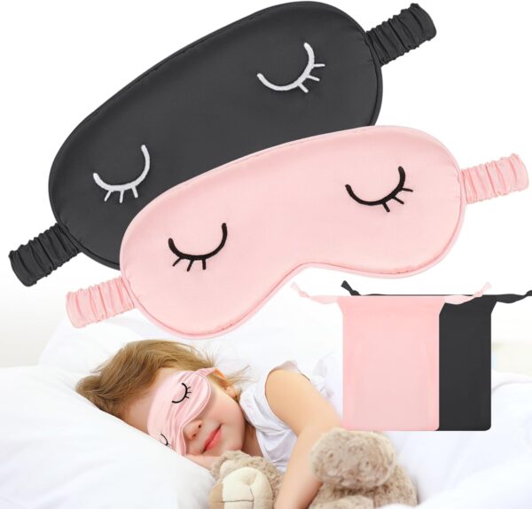 2 Stücke Schlafmaske Seide Kinder Augenmaske Schlafmaske Sleeping Mask, Schlafbrille Damen Schlafmaske Frauen Herren Weiche Licht Blockierende Nachtmaske Mit Aufbewahrungstasche(Schwarz Rosa)