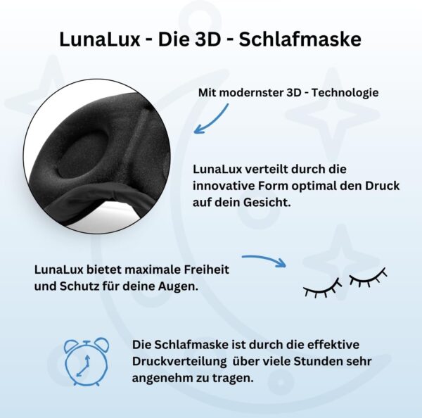 LunaLux® GOOD NIGHT Schlafmaske 100% Lichtdicht, unisex, Seitenschläfer, bequem – Bild 2