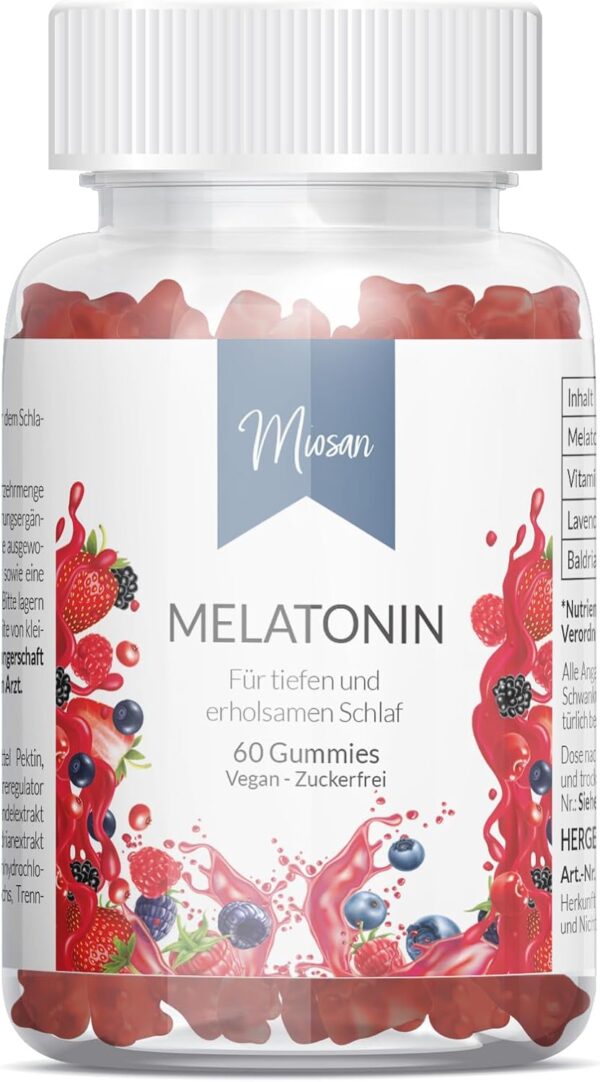 Melatonin Gummies - 60 Stück - 0,5mg bioaktives Melatonin pro Gummie - mit Vitamin B6, Lavendel- und Baldrianextrakt - Hochdosiert - 100% Vegan & Zuckerfrei | MIOSAN® CLUB - Exklusives Wohlbefinden