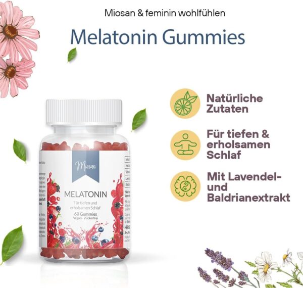 Melatonin Gummies - 60 Stück - 0,5mg bioaktives Melatonin pro Gummie - mit Vitamin B6, Lavendel- und Baldrianextrakt - Hochdosiert - 100% Vegan & Zuckerfrei | MIOSAN® CLUB - Exklusives Wohlbefinden – Bild 2