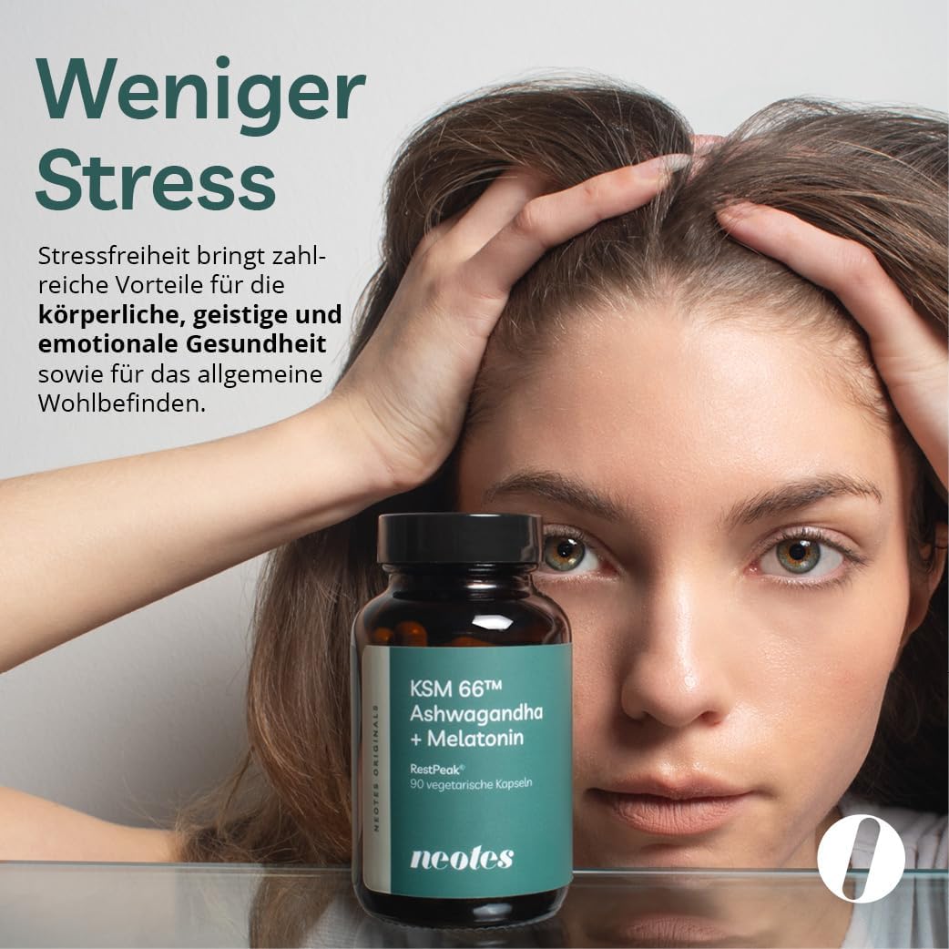 neotes RestPeak - Ashwagandha + Melatonin 90 Kapseln Hochdosiert 400mg KSM-66™ | Mit Baldrian, GABA & Vitamin B6 | Stressabbau, Schlafverbesserung & Entspannung | Bioverfügbar & Ohne Zusätze – Bild 5