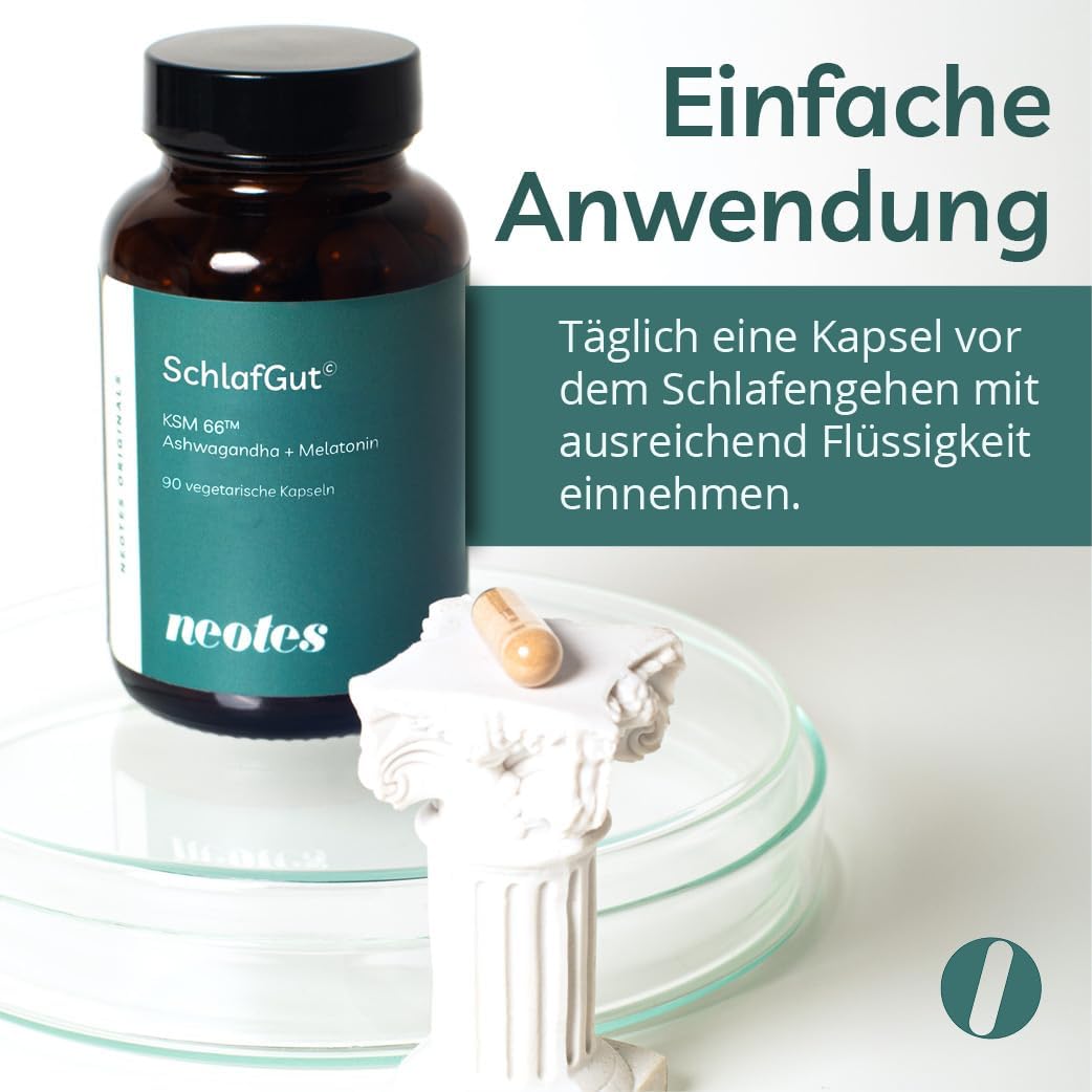 neotes SchlafGut - Ashwagandha + Melatonin 270 Kapseln Hochdosiert 400mg KSM-66™ | Mit Baldrian, GABA & Vitamin B6 | Stressabbau, Schlafverbesserung & Entspannung | Bioverfügbar & Ohne Zusätze – Bild 6