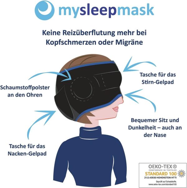 mysleepmask Schlafmaske inklusive 2 Ohrstöpseln und 2 Gelpads Bequeme Bio-Baumwolle für absolute Ruhe und Dunkelheit Entwickelt in Deutschland Kopfumfang circa 54-58 cm, S/M – Bild 2