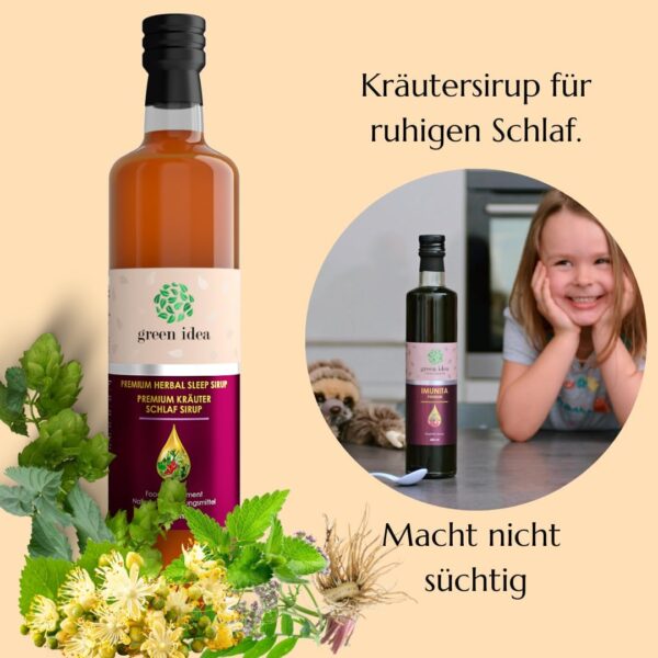 Green idea – SCHLAFMITTEL - KRÄUTER-SIRUP mit Baldrian, Hopfen, Goji Beeren - Einschlafhilfe ohne Alkohol, ohne Melatonin - ohne künstliche Zusätze VEGAN - 500 ml – Bild 5