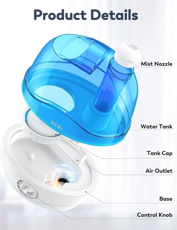 Luftbefeuchter, 2.2L Luftbefeuchter Schlafzimmer mit 360°Drehbare Düse, 28dB Leise, Auto Abschaltung und bis zu 24 Stunden, Leicht zu Reinigender, Humidifier für für ein Zimmer, Kinderzimmer Pflanzen – Bild 8