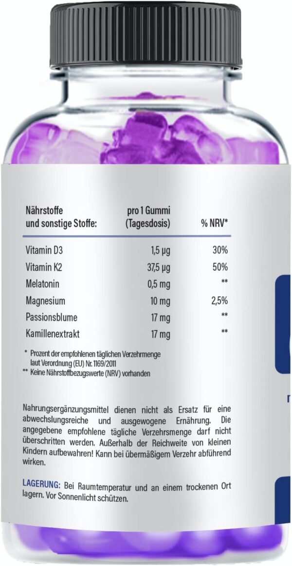 Vihado Melatonin Gummies - so lecker und soft, hochdosiert, zuckerfrei, vegan - besser da mit Vitamin D3, K2, Passionsblume und Kamille, 60 Gummis – Bild 2