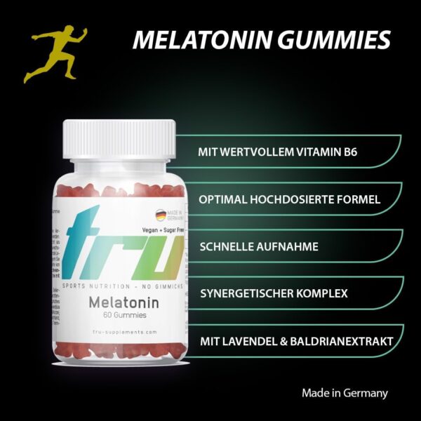 TRU Sports Nutrition | Melatonin Gummies - 60 Stück - 0,5mg bioaktives Melatonin pro Gummie- mit Vitamin B6, Lavendel- und Baldrianextrakt - Hochdosiert - 100% Vegan + Zuckerfrei – Bild 2