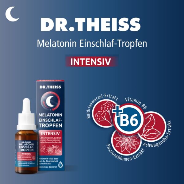 Dr. Theiss Melatonin Einschlaf-Tropfen Intensiv – für schnelleres Einschlafen | 20ml | Hilfe bei Ein- und Durchschlafproblemen | Mit Melatonin, Passionsblume, Ashwaganda & Baldrianwurzel-Extrakt – Bild 3