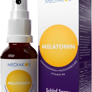 Mediakos® Melatonin Einschlafspray mit Ashwagandha (50ml) - Hochdosiertes Melatonin Spray mit Passionsblume & Vitamin B6 - Schlafspray für direkte & kontaktlose Anwendung - Pfirsich-Geschmack