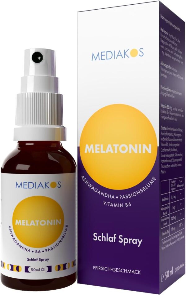Mediakos® Melatonin Einschlafspray mit Ashwagandha (50ml) - Hochdosiertes Melatonin Spray mit Passionsblume & Vitamin B6 - Schlafspray für direkte & kontaktlose Anwendung - Pfirsich-Geschmack
