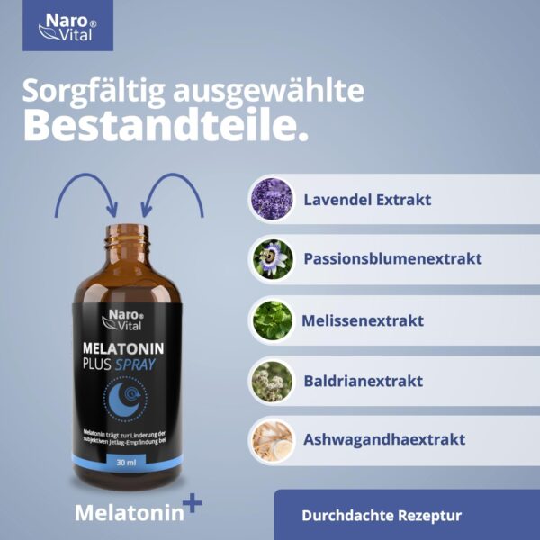 Melatonin Einschlafspray hochdosiert - natürliches Schlafhormon bei Jetlag - Ashwagandha, Passionsblume, Lavendel, Baldrian, Melisse - Alternative zu Tabletten - 30 ml - 0, 5mg Melatonin pro Sprühstoß – Bild 4