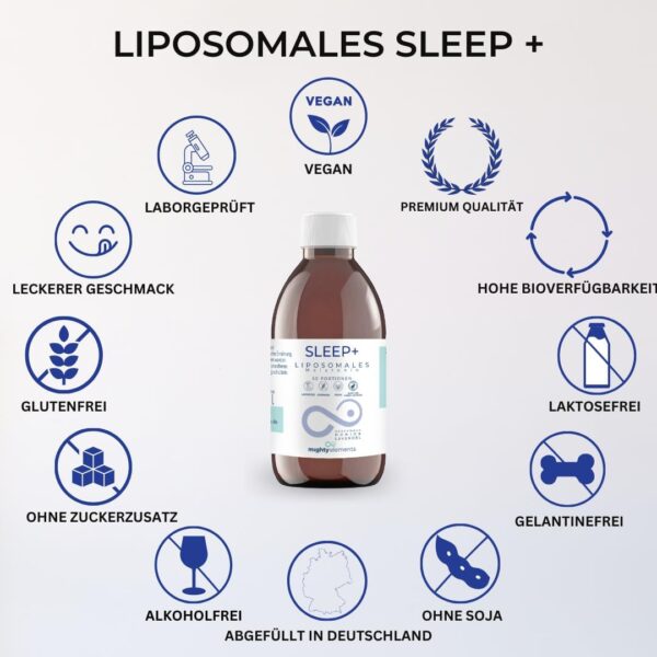 Mighty Elements liposomales Sleep+ 2 in1,Melatonin mit L-Tryptophan - verkürzte Einschlafzeit ​- vegan, Laktosefrei, hohe Bioverfügbarkeit, Vorrat für mehrere Monate, 100ml – Bild 6