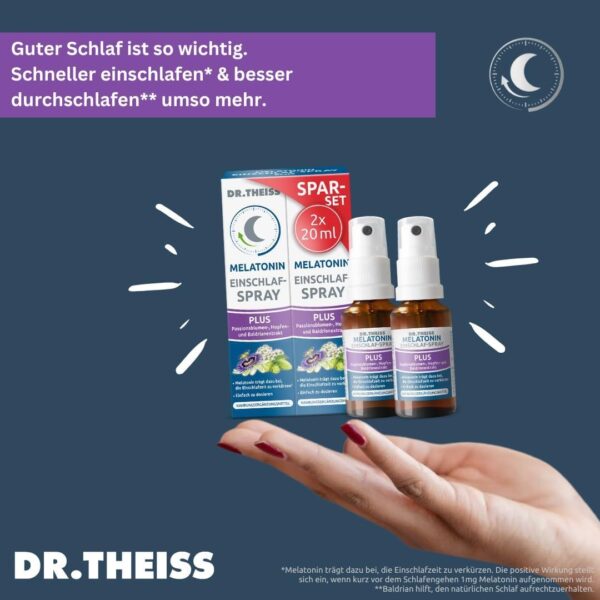 Dr. Theiss Melatonin Einschlaf-Spray PLUS Spar-Set 2x 20 ml, schneller Einschlafen und dabei sparen, Durchschlafen mit Passionsblumen und Baldrianextrakt, für ca. 2 Monate – Bild 8