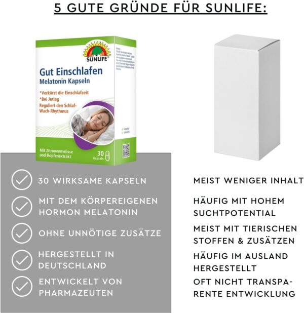 SUNLIFE Melatonin Kapseln hochdosiert - 1 x 30 Stück - Melatonin 1mg Kapseln mit Zitronenmelisse-Extrakt - Gut Einschlafen Kapseln für Erwachsene - hochwertiges Schlafmittel - ideal bei Jetlag – Bild 7