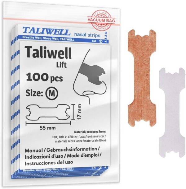 Taliwell Nasenpflaster 100 Stück M Medium, Besser Atmen beim Schlafen, Sport, Schnupfen, Nasenstrips gegen Schnarchen, Anti-Schnarch-Pflaster Stopper