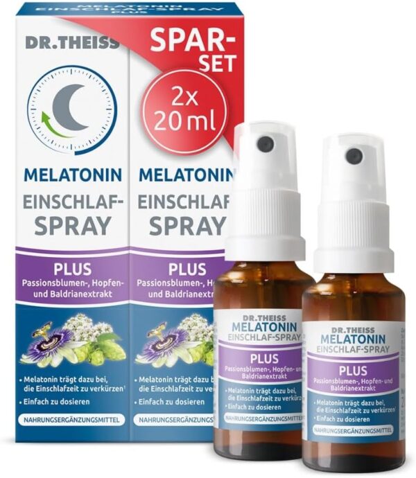 Dr. Theiss Melatonin Einschlaf-Spray PLUS Spar-Set 2x 20 ml, schneller Einschlafen und dabei sparen, Durchschlafen mit Passionsblumen und Baldrianextrakt, für ca. 2 Monate