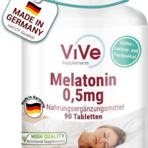 Melatonin 0,5mg - 90 Tabletten - sicher dosiert und vegan - vor dem Schlafengehen | Qualität aus Deutschland von ViVe Supplements
