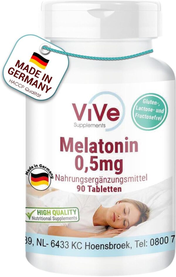 Melatonin 0,5mg - 90 Tabletten - sicher dosiert und vegan - vor dem Schlafengehen | Qualität aus Deutschland von ViVe Supplements
