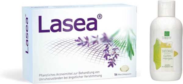 Lasea® hilft natürlich abzuschalten, beruhigt und bessert in Folge den Schlaf Pflanzliches Arzneimittel mit speziellem Lavendelöl | 56 Kapseln inkl. SANDAY DUSCHGEL Guten Morgen 100ml