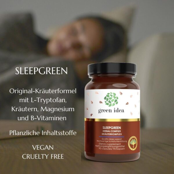 Green idea - SLEEPGREEN Schlaftabletten Besser einschlafen – Ashwagandha, Johanniskraut, L-Tryptophan, Baldrian, Hopfen – kein Melatonin – Beruhigungsmittel Mensch - Einschlafhilfe Erwachsene 90 kaps – Bild 7