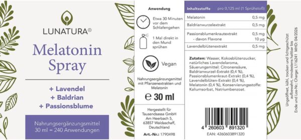 Lunatura Melatonin Spray - mit Lavendel, Baldrian und Passionsblume - 0,5 mg Melatonin pro Tagesdosis - 30 ml - 240 Anwendungen – Bild 2