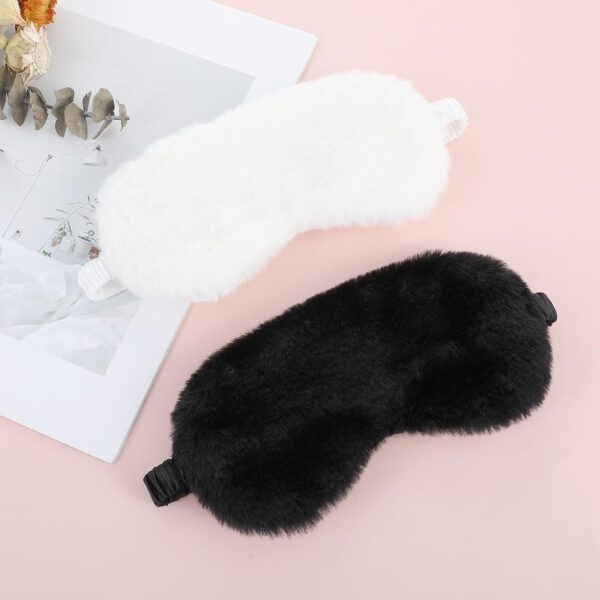 2 Stück Plüsch Augenmaske Bequeme Plüsch-Augenbinde Flauschige Verdunklungs-Schlafmaske Kunstfell Reise-Schlafmasken Reise Reise Aufbewahrungstasche(White, black) – Bild 3