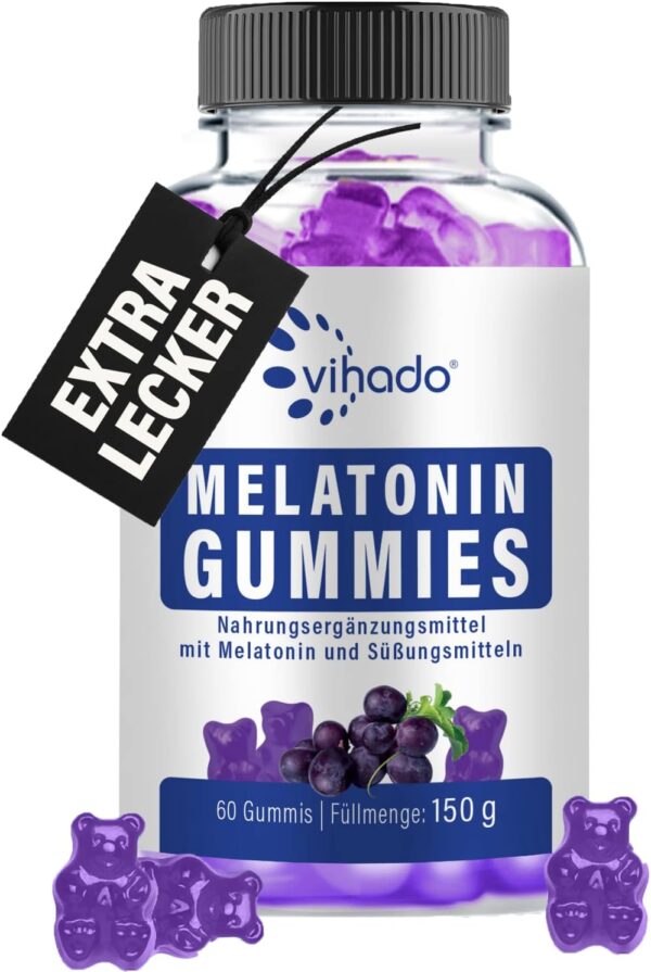 Vihado Melatonin Gummies - so lecker und soft, hochdosiert, zuckerfrei, vegan - besser da mit Vitamin D3, K2, Passionsblume und Kamille, 60 Gummis